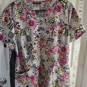 HeartSoul Floral Print Scrub Top - Pink, Yellow, Orange, Black